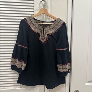 Lucky Brand Black Embellished Blouse with Flutter Sleeves